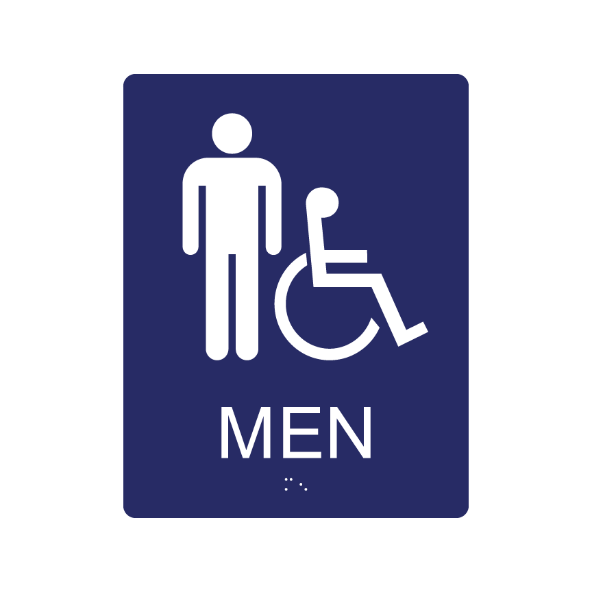 Men&#39;s Restroom Wall Sign w/ Braille (7&quot;x 9&quot;), Background Color: National Blue, Corners: 1/4&quot; Radius Corners, Pictogram Style: Male Pictogram &amp; Wheelchair