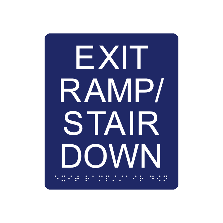 6&quot;x 8&quot; Exit Ramp/Stair Down Sign w/ Braille, Background Color: National Blue, Corners: 1/4&quot; Radius Corners