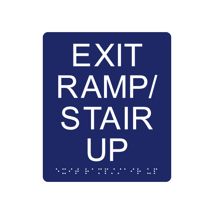 6&quot;x 8&quot; Exit Ramp/Stair Up Sign w/ Braille, Background Color: National Blue, Corners: 1/4&quot; Radius Corners