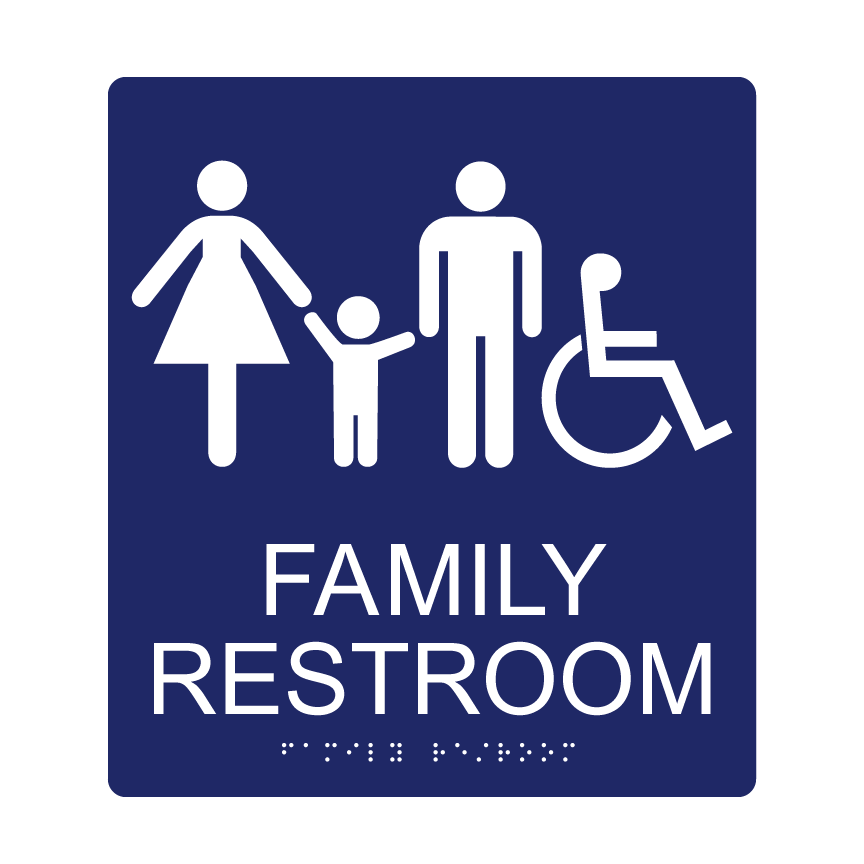Family Restroom Wall Sign w/ Braille (9&quot;x10&quot;), Background Color: National Blue, Corners: 1/4&quot; Radius Corners, Pictogram Style: Woman, Man &amp; Wheelchair