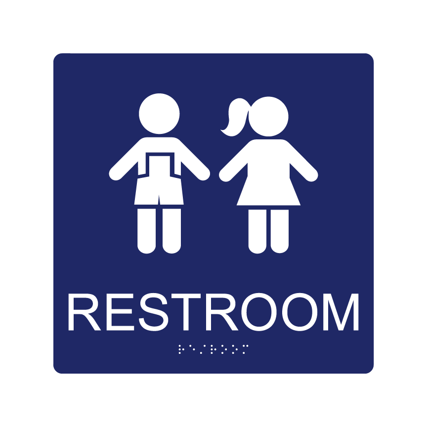 Preschool/Kindergarten Restroom Wall Sign w/ Braille (9&quot;x9&quot;), Background Color: National Blue, Corners: 1/4&quot; Radius Corners, Pictogram Style: Girl &amp; Boy