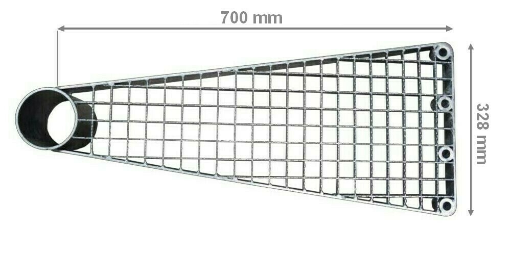 Marche caillebotis Hélicoïdale M.30x30 Crantés double R13 galvanisé, Dimension (rayon) / Arc extérieur / Angle marche: 700 x 328 mm (26°)