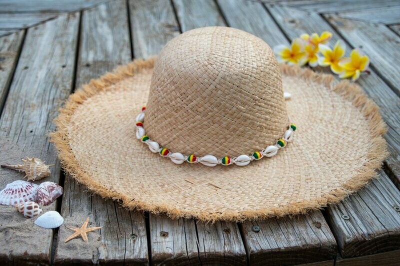 Raffia beach hat with a white cowrie shells and Rasta beads band. Free postage within Australia
