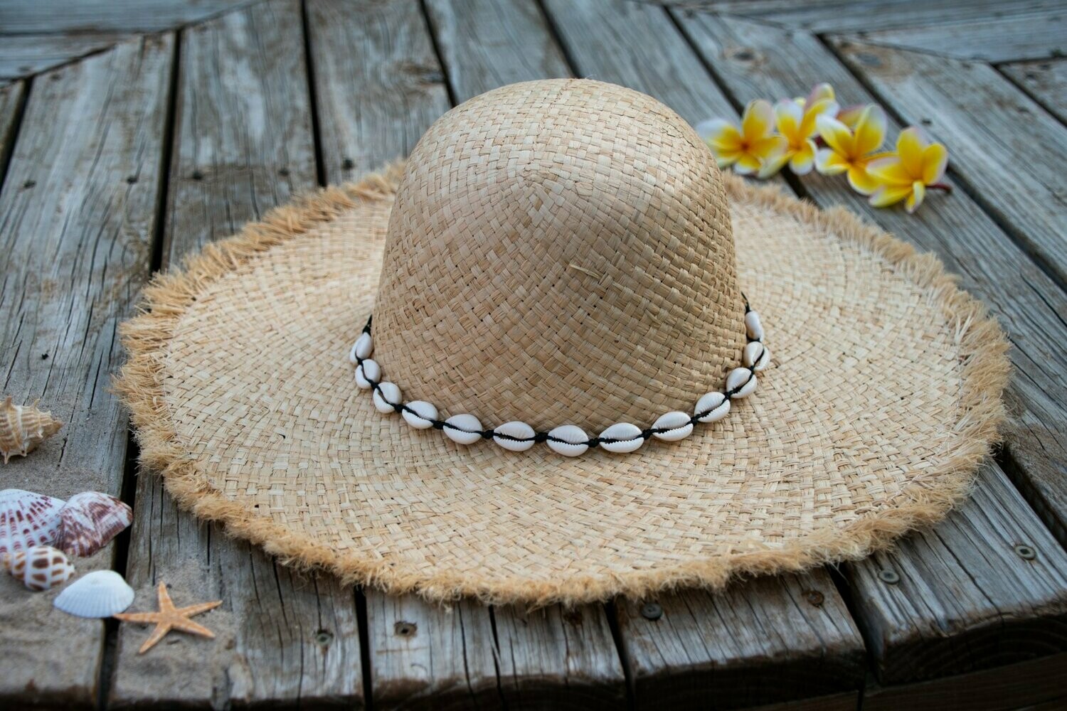 Raffia beach hat with a white cowrie shells and black cord band. Free postage within Australia