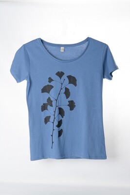 T-Shirt Ginkgo (female) jeansblau mit schwarzem Druck