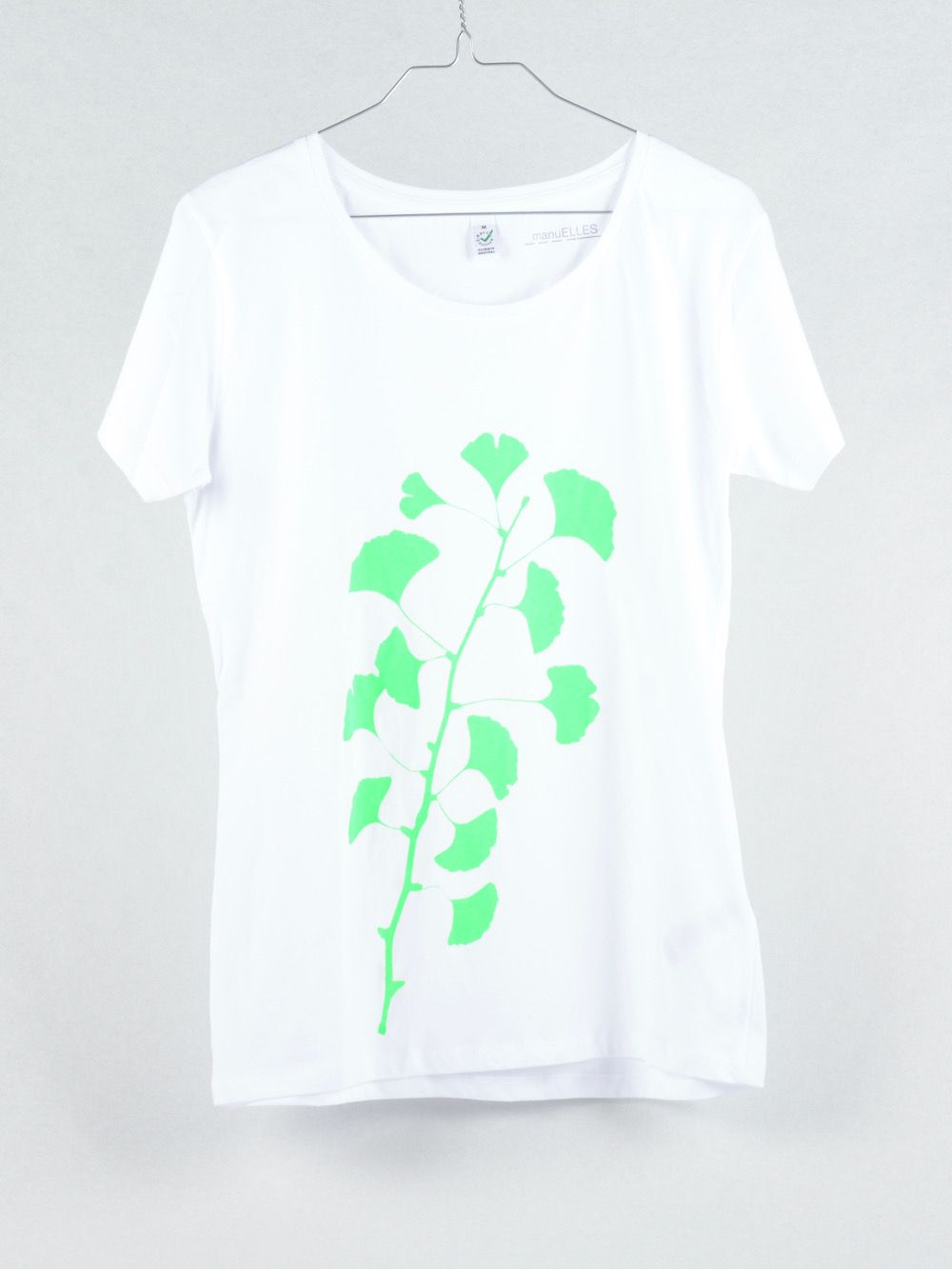T-Shirt Ginkgo (female) weiss mit neongrünem Druck