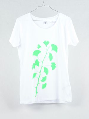 T-Shirt Ginkgo (female) weiss mit neongrünem Druck