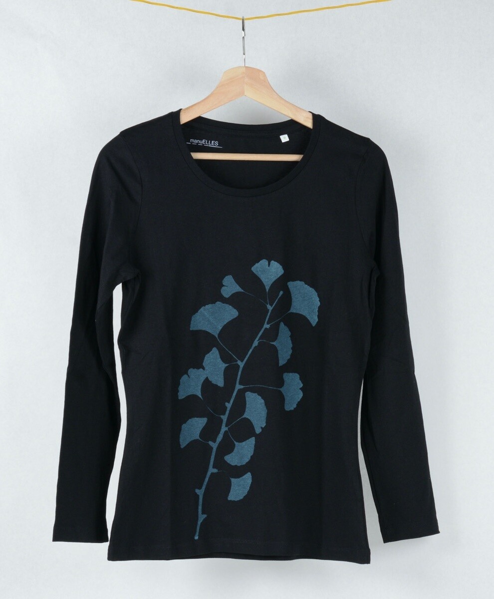 Langarm Ginkgo schwarz mit grünem Druck