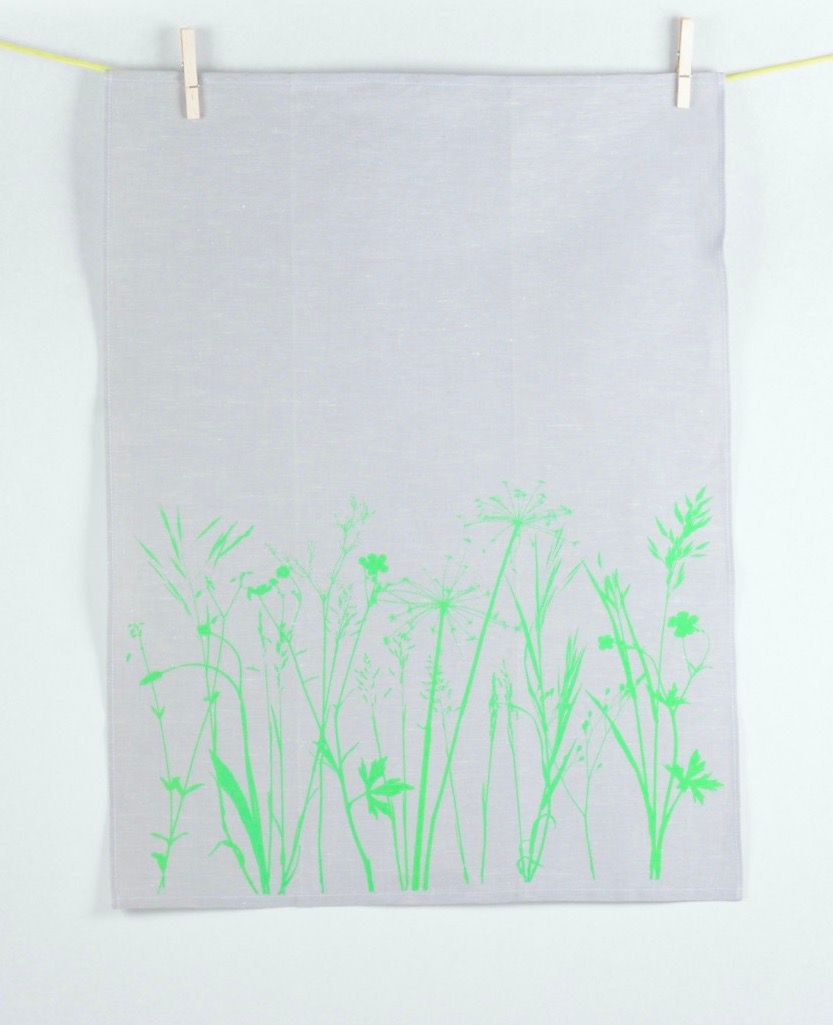Geschirrtuch Wiese grau mit neongrünem Druck