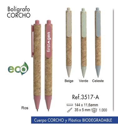 Bolígrafo Corcho. Corcho y plástico biodegradable