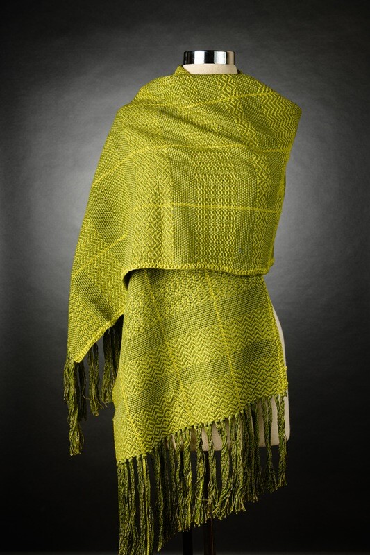 2024 Holiday Sale ....Handwoven Twill Pattern  Lime Cotton Shawl with Hand Beaded Fringe