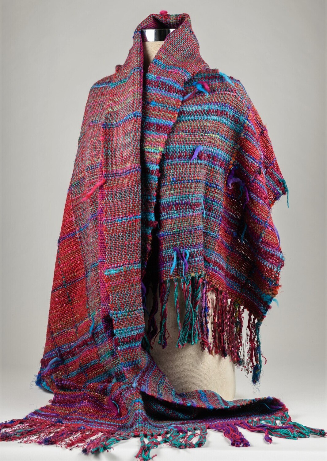 Holiday Sale 2024 Now $220.00 Handwoven Teal Fuschia and Purple Shawl /Throw Sari Silk stripes....