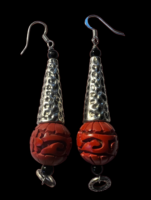 Metals Collection .........Cinnabar and Pewter Beaded Earrings