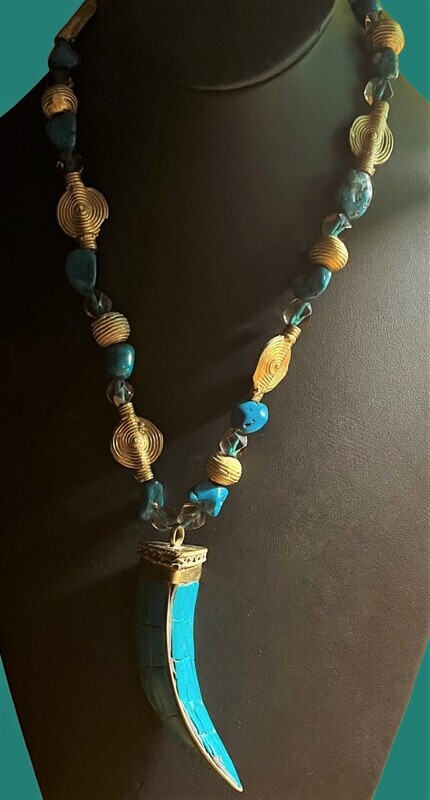 Turquoise and African Brass Bead Necklace in Horn Shape