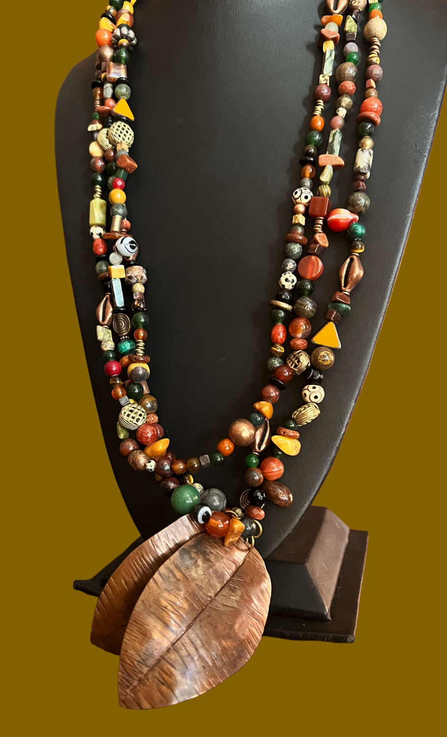 3 Strand Necklace with Multi Gemstone  Beads , in Amber , Copper, Agate, Brass etc