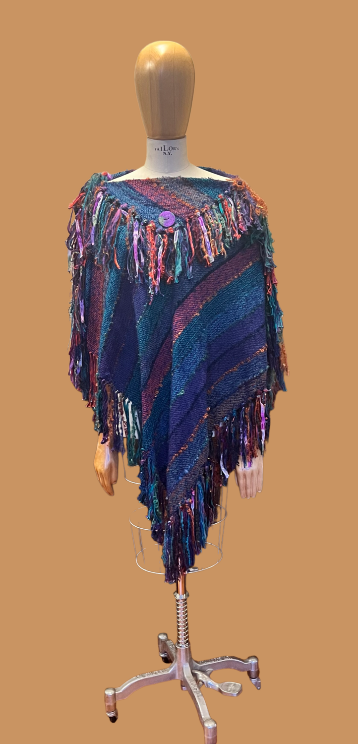 Holiday Sale 2024 Purple Handwoven Curly Poncho with Handmade Button Was $450 now $360