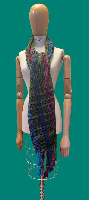 Olive, Teal, Black, and Fuschia Handwoven Ribbon Shawl
