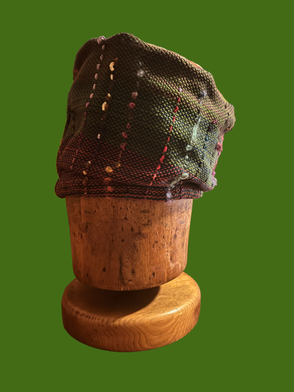 Big Hair/Handwoven Olive Hat with Covered Button and VIntage Upholstry Fabric