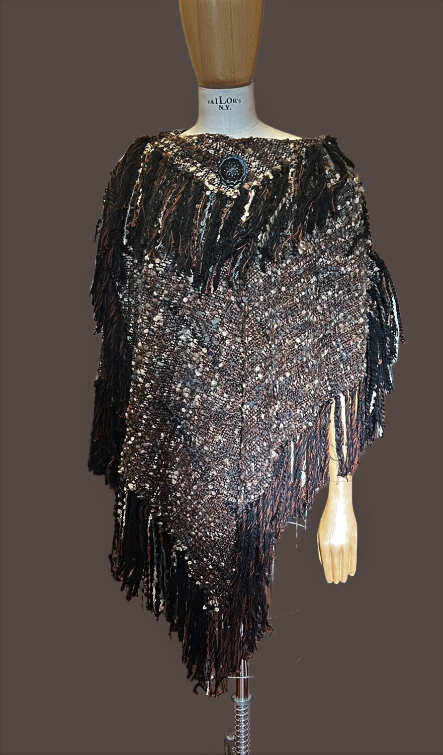 HOLIDAY 2024 Sale ..Was $450 now $360.00  Handwoven Black, Brown and Beige Large Boucle&#39; Curly Poncho... One Size