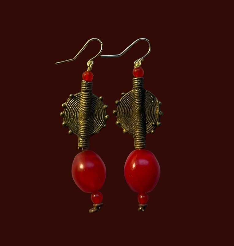 African Brass and Red Glass Trade Beads