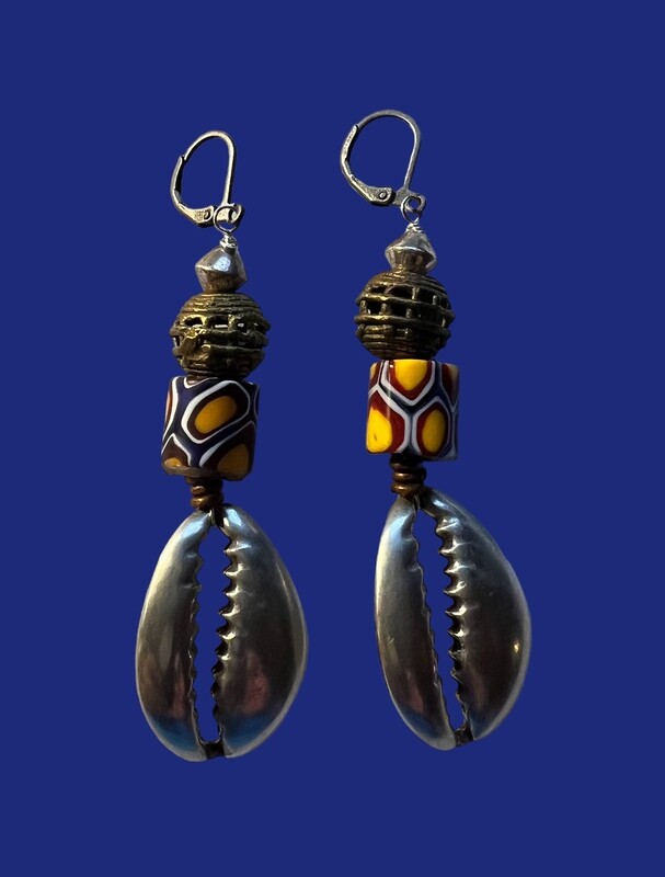 Brass / Pewter/ Copper Dangle Earrings with Trade Beads