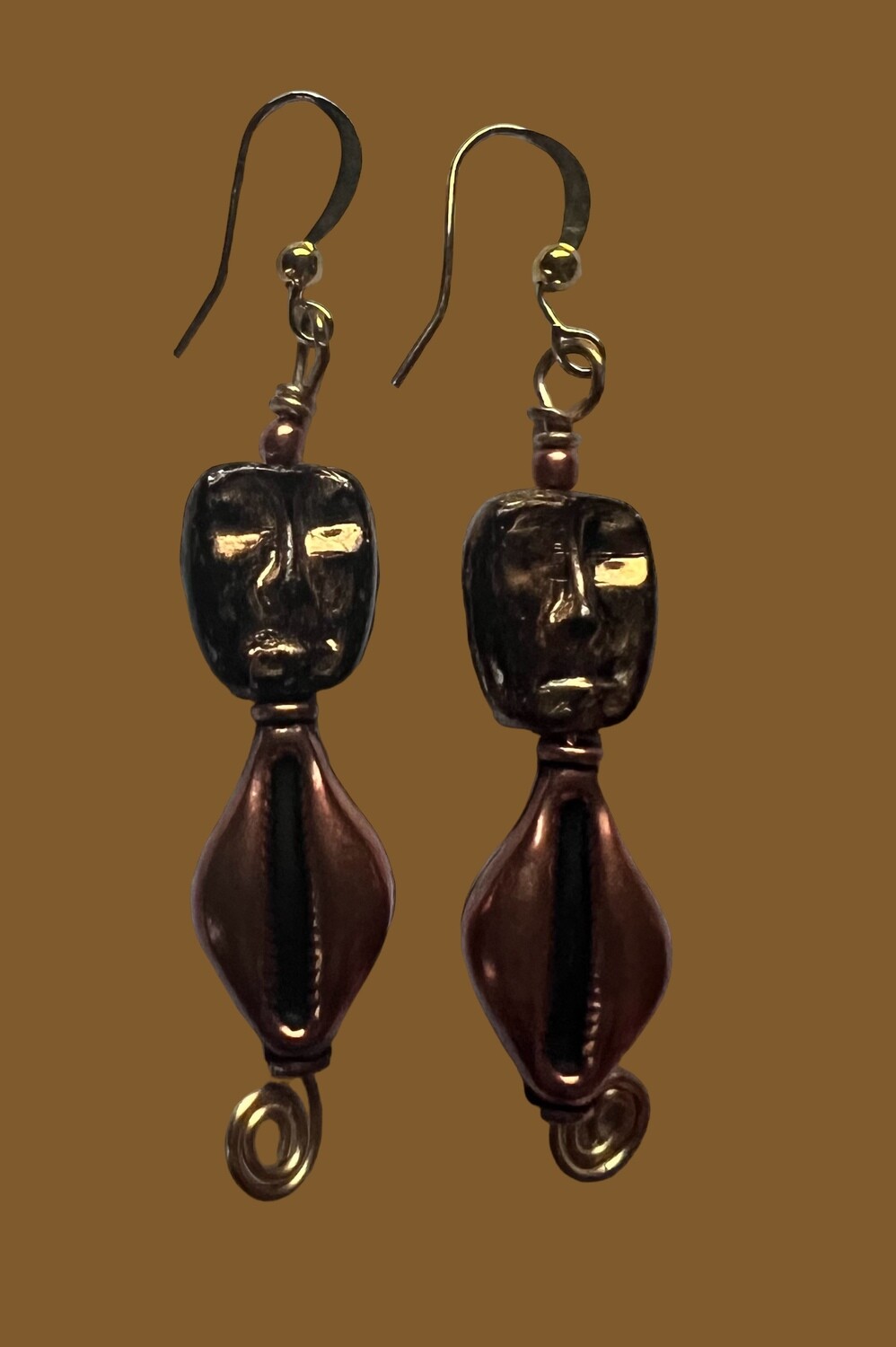 Metallic Black Glass Face Earrings with Copper Cowrie Shell Bodies