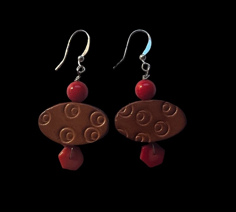 Colorful Red Coral Earrings with Leather Disc