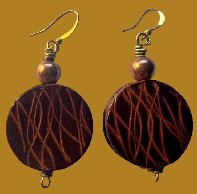 Fun Brown Leather Circular Disc with Copper Beads Earrings