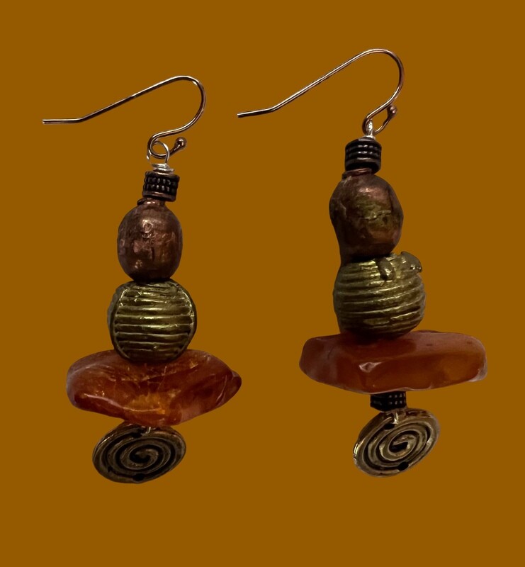 Amber , Brass and Copper Earrings