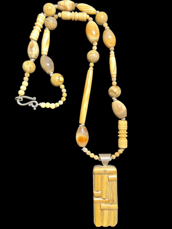 NEW!!! Bone and Agate Necklace with Sterling and Bone Focal Piece 27&quot;