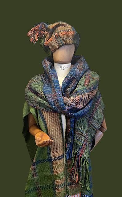 Holiday Sale 2024 Was 340.00 now 270.00 Large VIntage Cotton &amp; Ribbon Shawl in Blue, Olive and Orange
