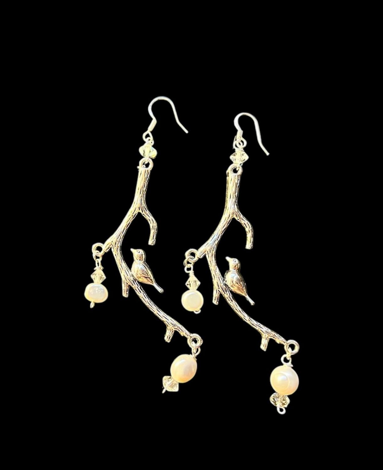 Sweet Birds on a Branch! Pierced  Earrings with Genuine Pearls