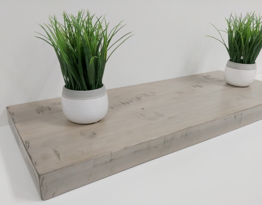 Heavy distress grey wash, 100% solid wood, includes hidden bracket