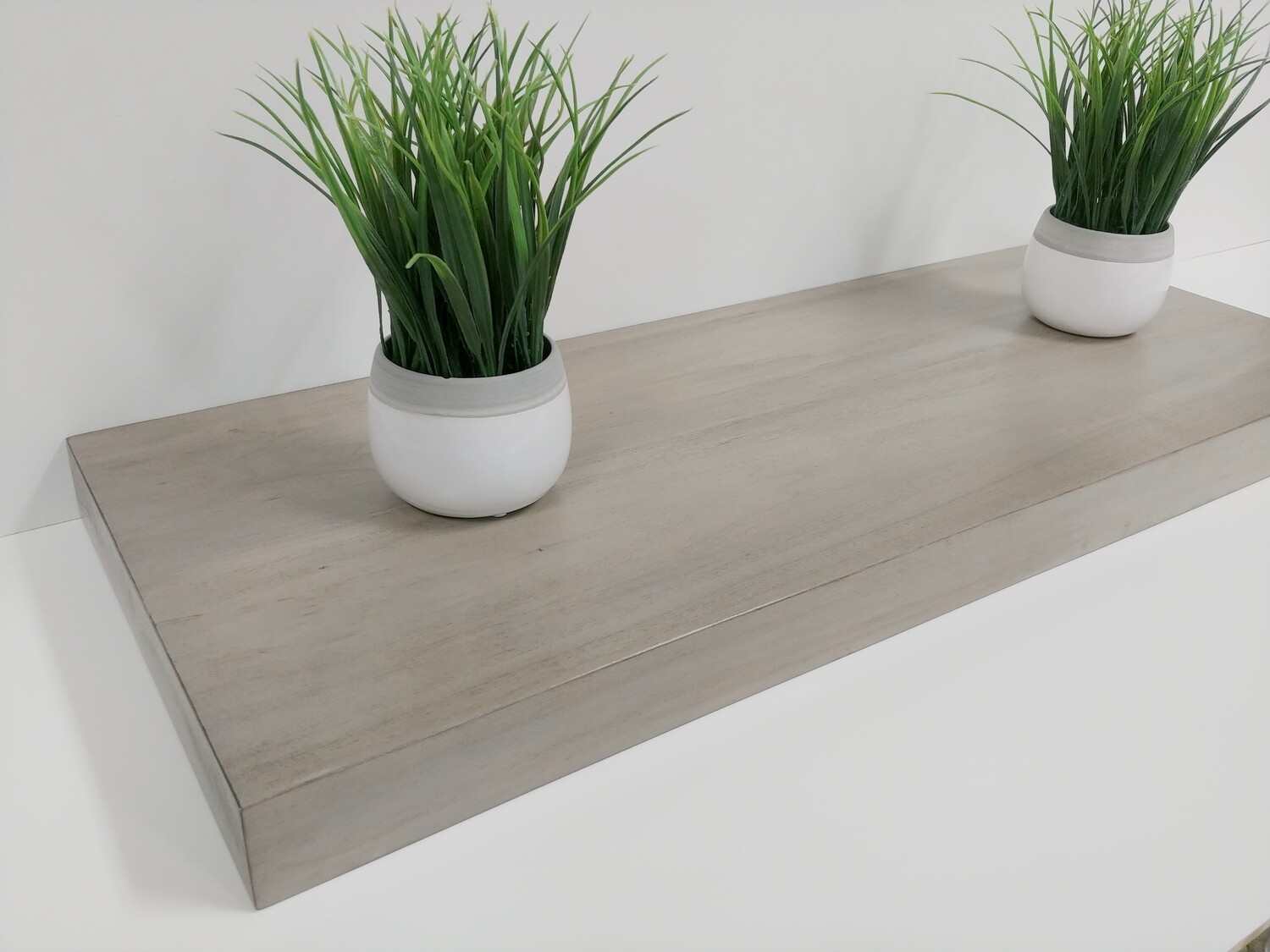Grey wash floating shelf, 100% solid wood, includes hidden bracket