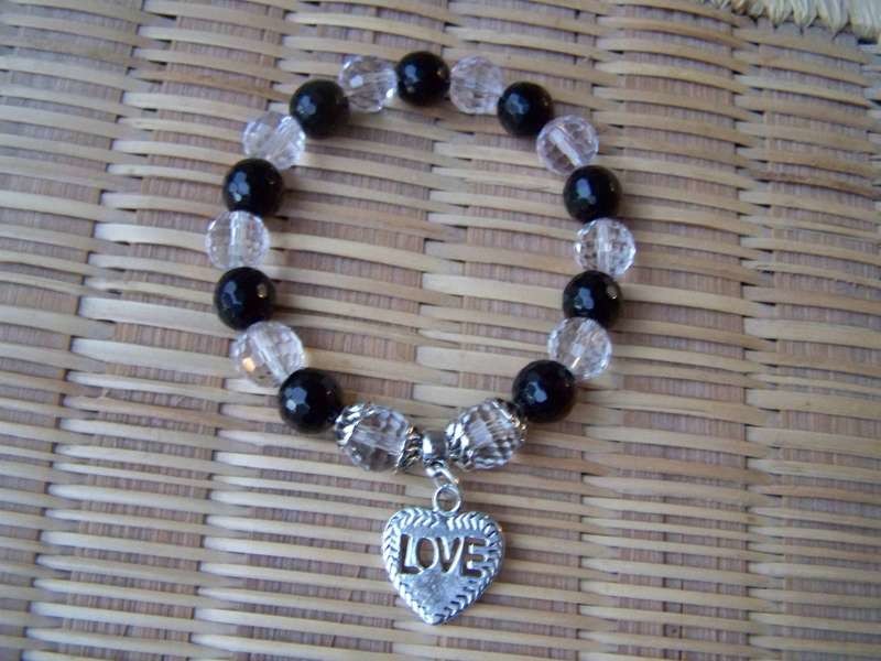 Handmade Faceted Natural Black Onyx Agate Round Stones Bracelet