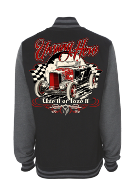 UNSUNG HERO &quot;Use it or lose it&quot; VARSITY JACKET UNISEX by Ger &quot;Dutch Courage&quot; Peters artwork