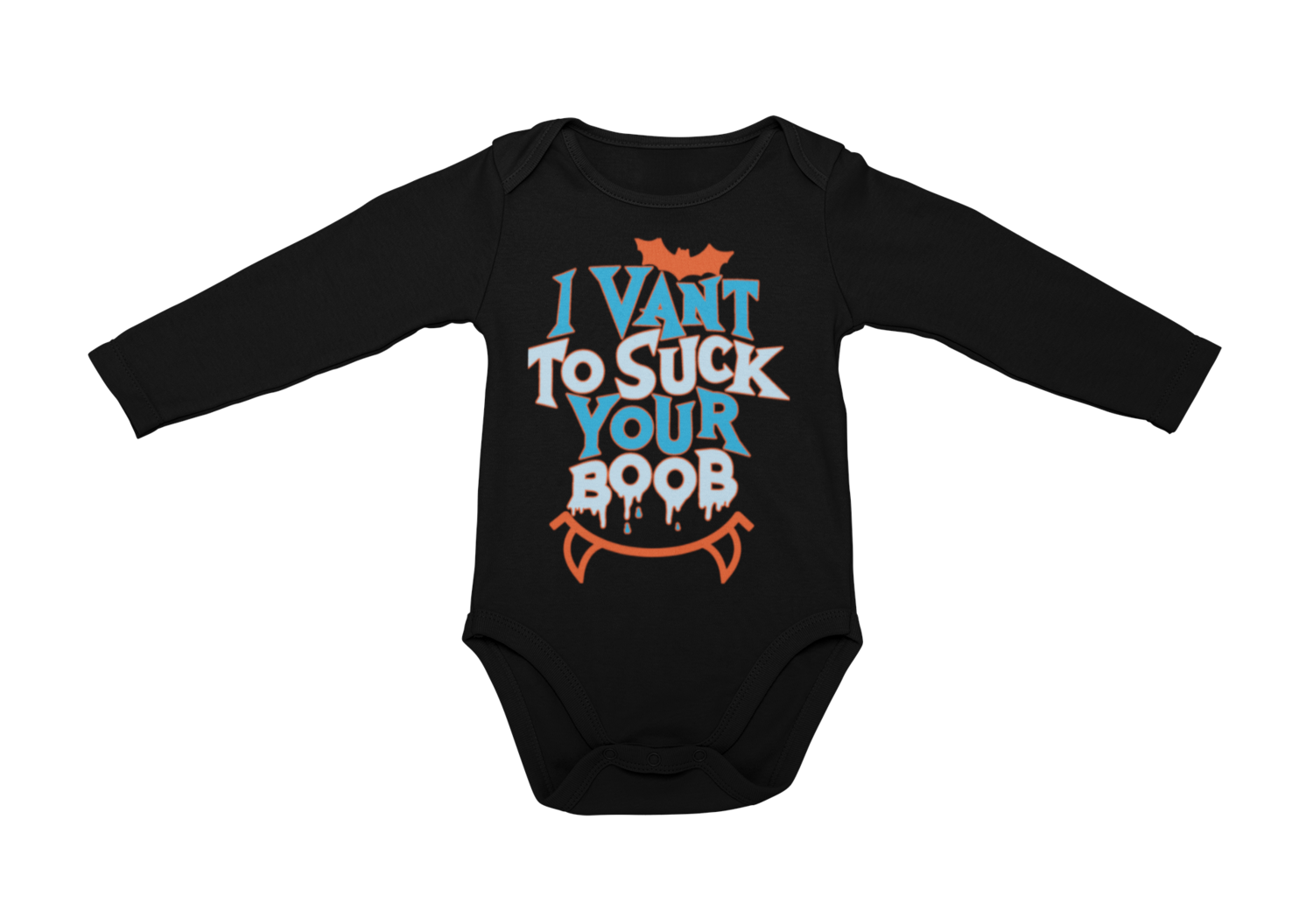 I VANT TO SUCK YOUR BOOB BABY ONIESE, Colour: Black, Size: 6 Months