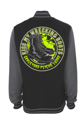 KISS MY WRECKING BOOTS VARSITY JACKET UNISEX BY NANO BARBERO
