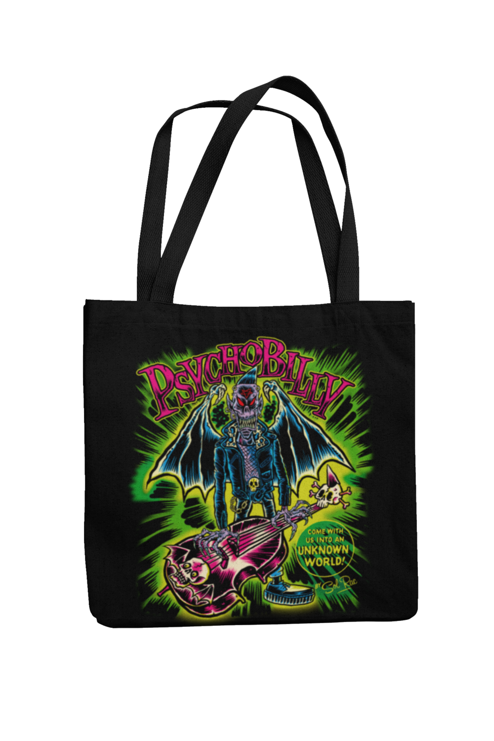 PSYCHOBILLY UNKNOWN WORLD Cotton Bag  logo design SOL RAC, Colour: Black