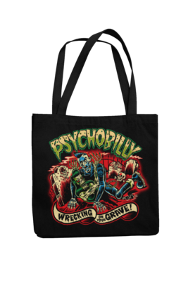 PSYCHOBILLY WRECKING ON YOUR GRAVE Cotton Bag  logo design SOL RAC