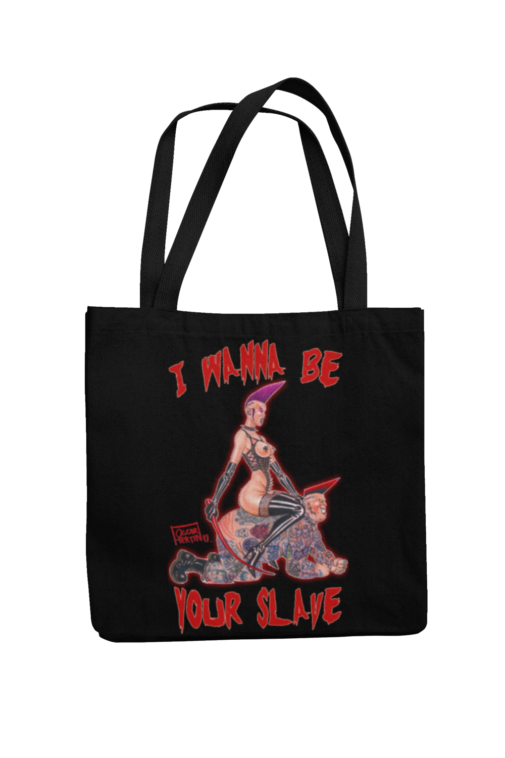 I WANNA BE YOUR SLAVE Cotton Bag  logo design OSCAR HERTIN, Colour: Black
