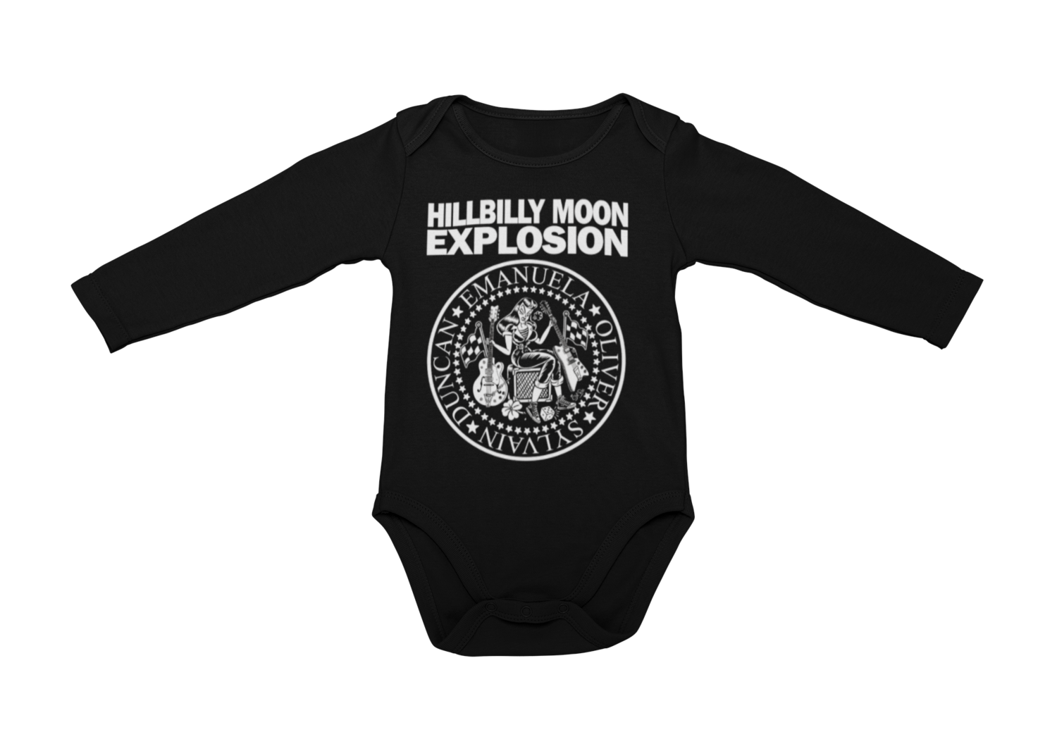 HILLBILLY MOON EXPLOSION &quot;Ramones Explosion&quot; BABY ONIESE, Colour: Black, Size: 6 Months
