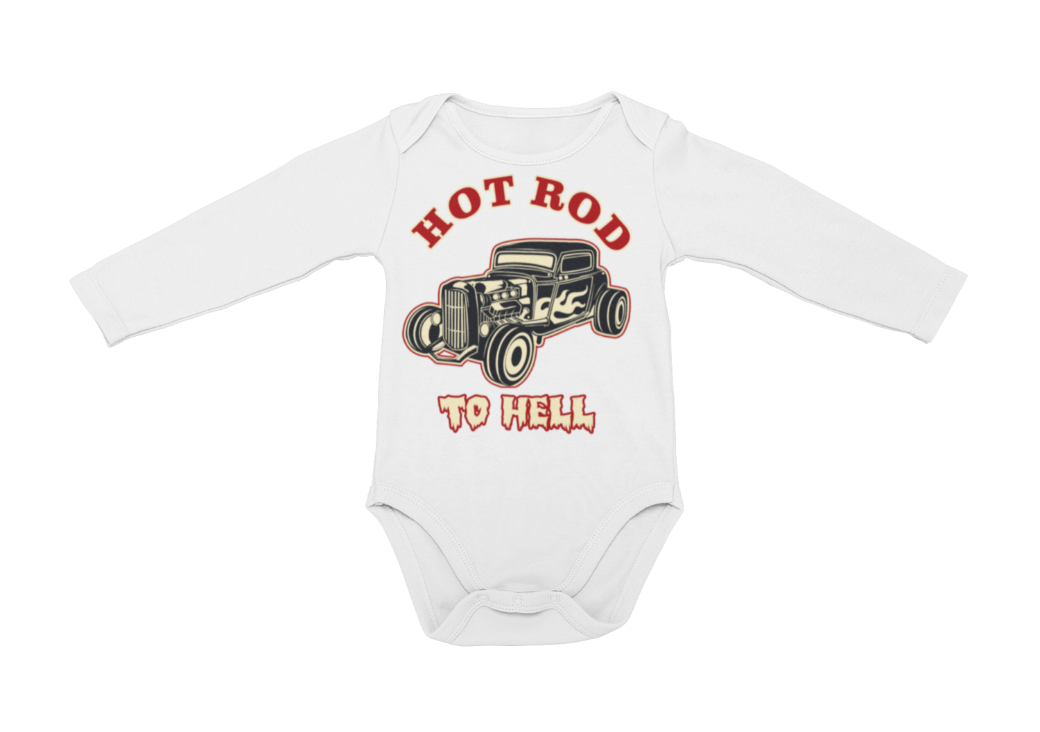 HOT ROD TO HELL BABY ONIESE, Colour: White, Size: 6 Months