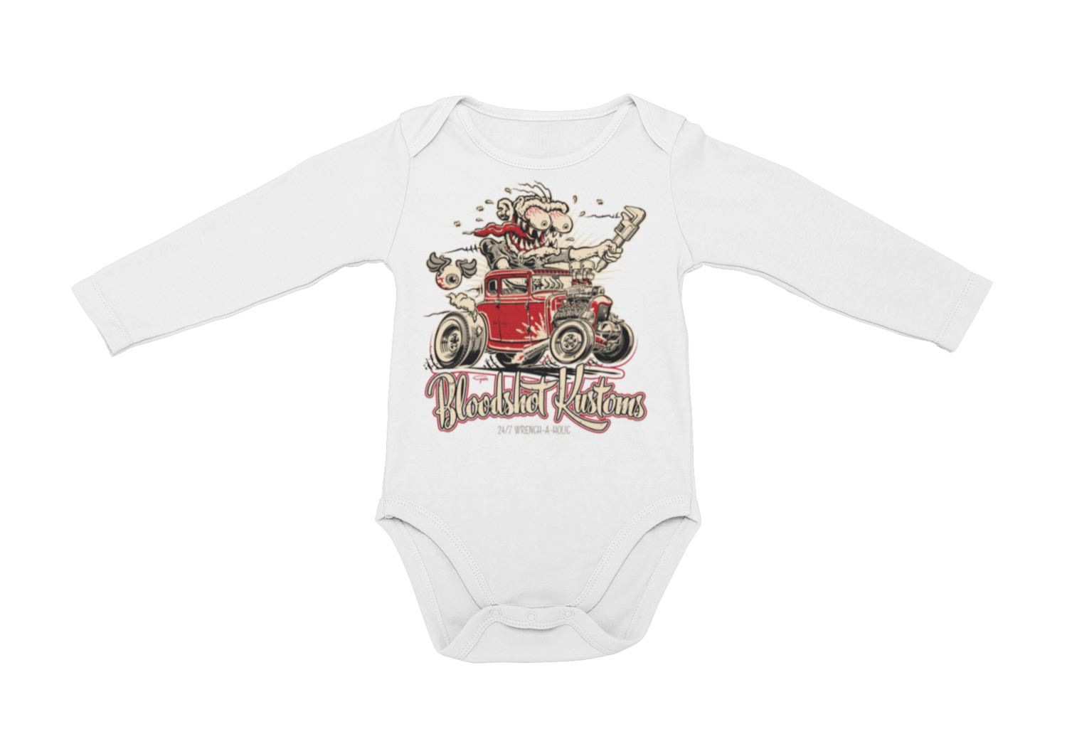 BLOODSHOT KUSTOMS &quot;Monkey Wrench&quot; BY Ger &quot;Dutch Courage&quot; BABY ONIESE, Colour: White, Size: 6 Months