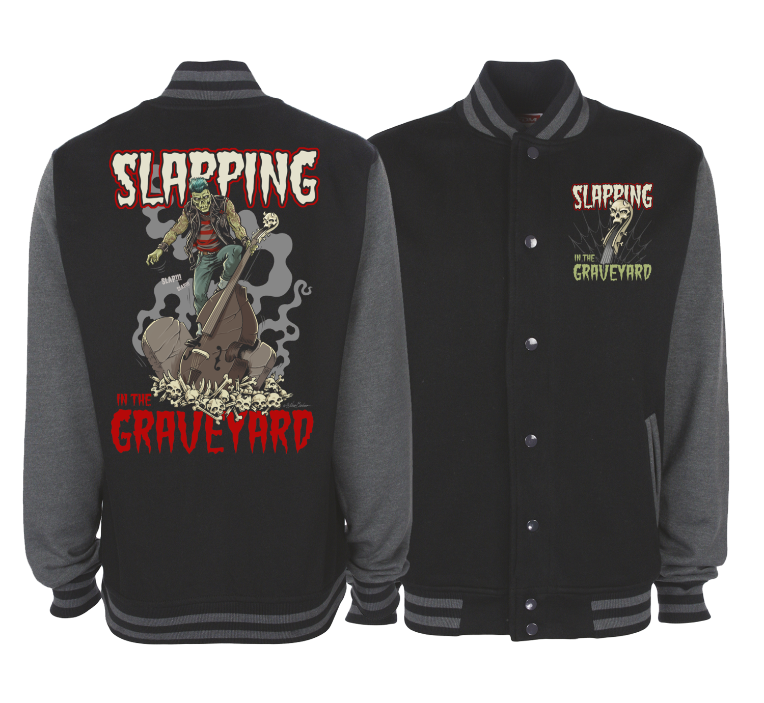 SLAPPING IN THE GRAVEYARD VARSITY JACKET UNISEX BY NANO BARBERO, Size: Small