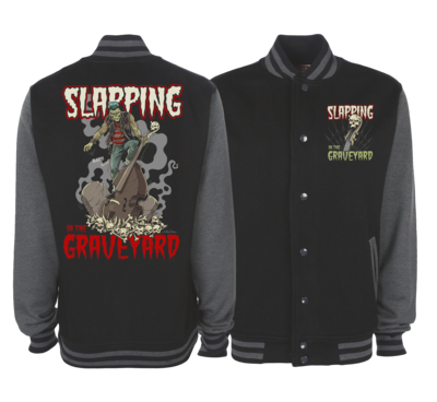 SLAPPING IN THE GRAVEYARD VARSITY JACKET UNISEX BY NANO BARBERO