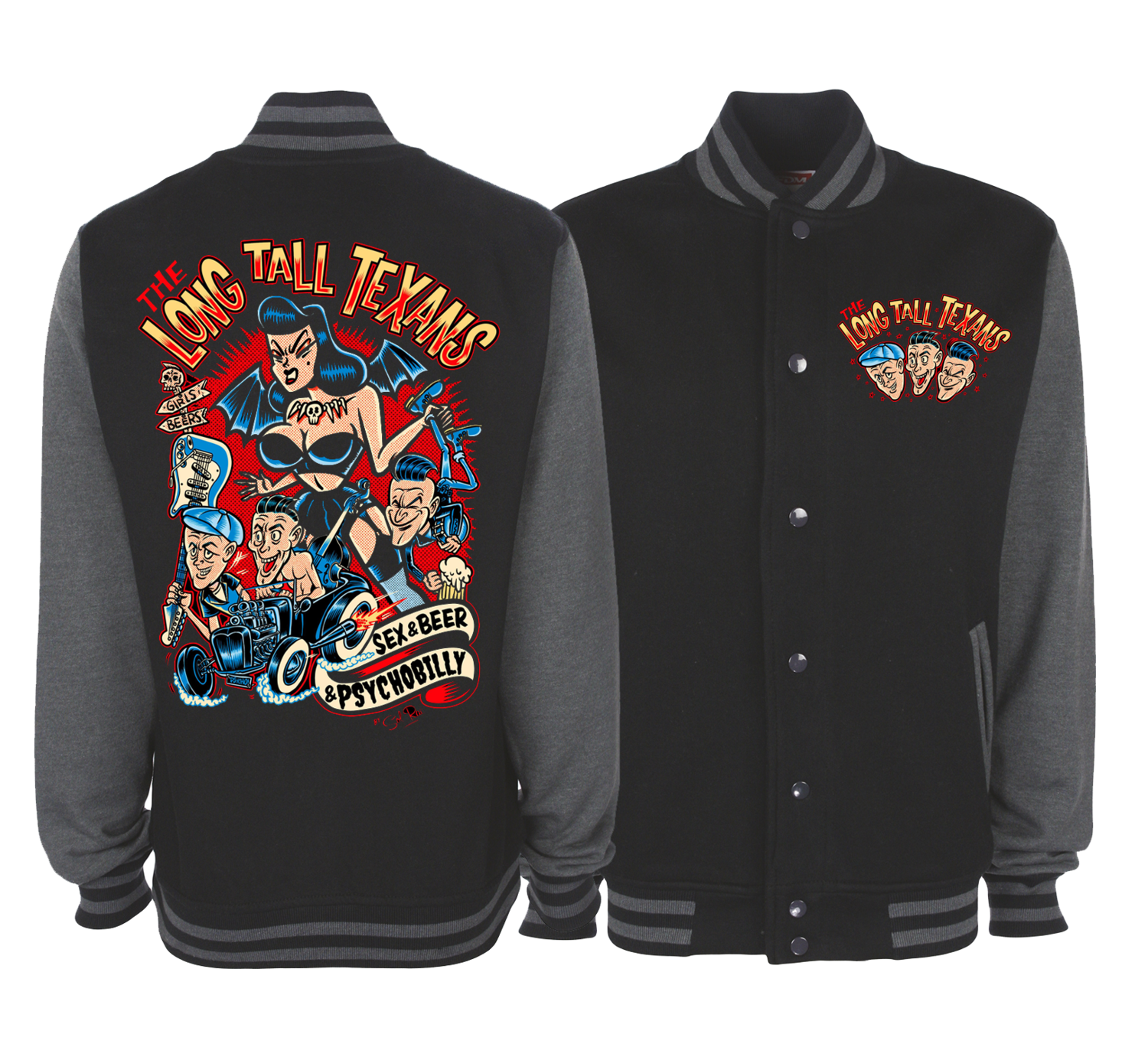 LONG TALL TEXANS &quot;SEX &amp; BEER &amp; PSYCHOBILLY&quot; VARSITY JACKET UNISEX  by SOL RAC
