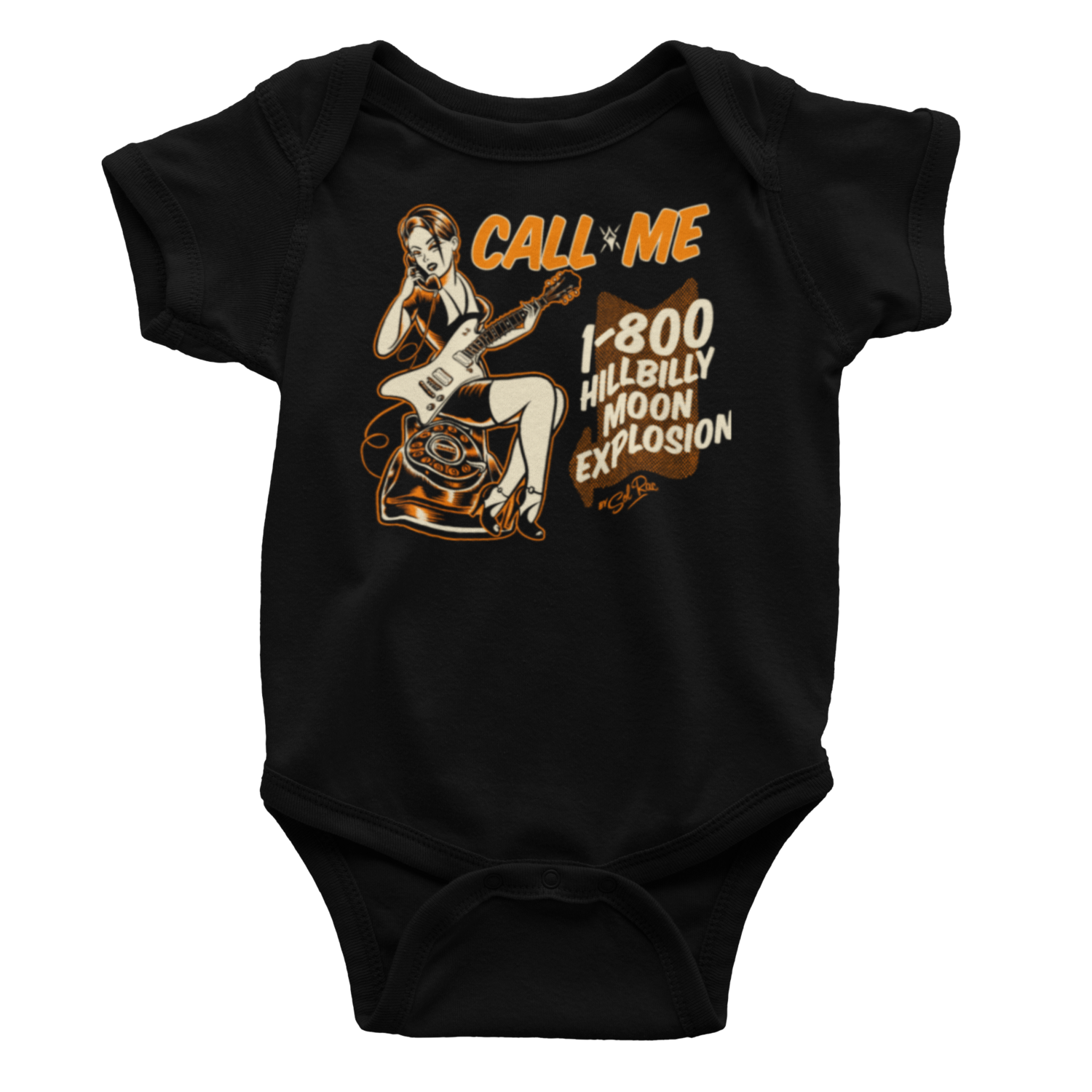 HILLBILLY MOON EXPLOSION &quot;Call Me&quot; BABY ONIESE, Colour: Black, Size: 6 Months