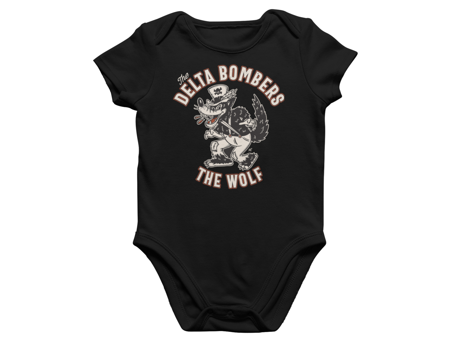 THE DELTA BOMBERS &quot;Cartoon Wolf &quot; BABY ONIESE, Colour: Black, Size: 3/6 Months