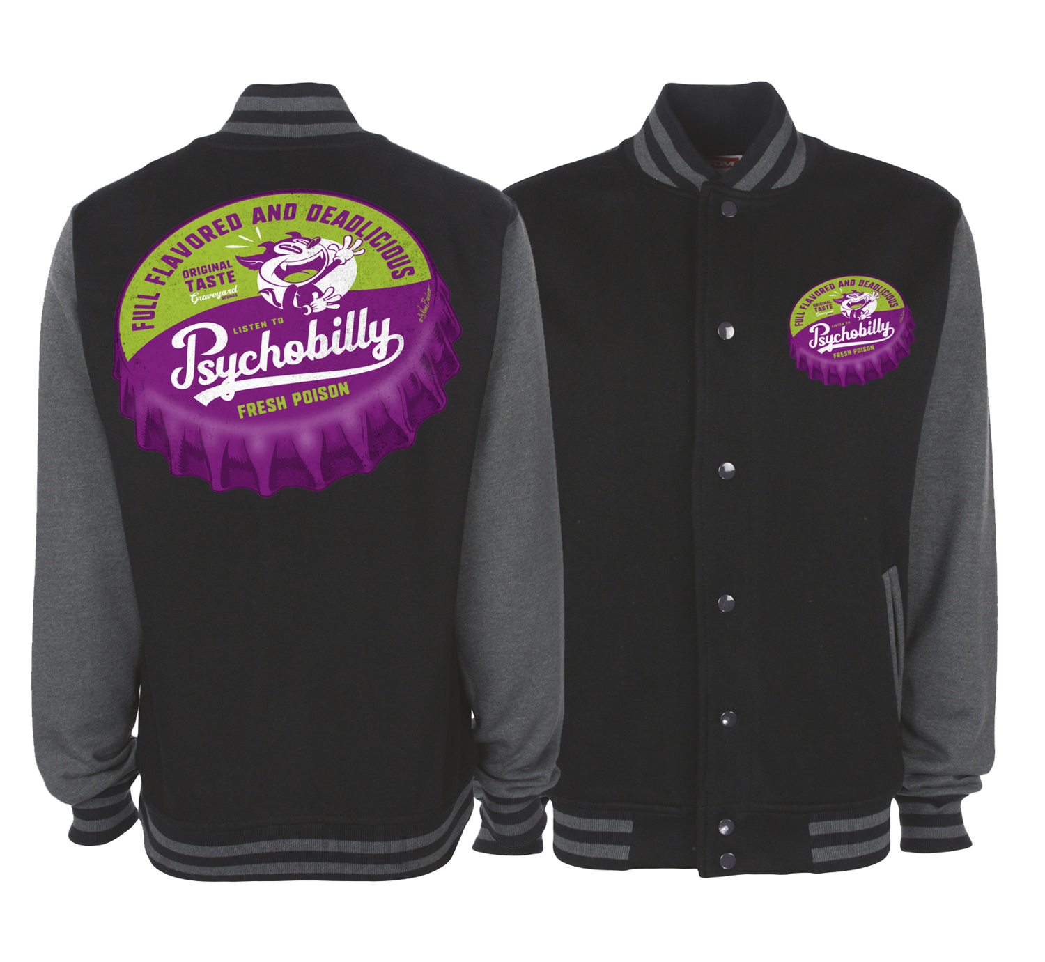PSYCHOBILLY FRESH POISON BOTTLE CAP VARSITY JACKET UNISEX BY NANO BARBERO, Size: Small